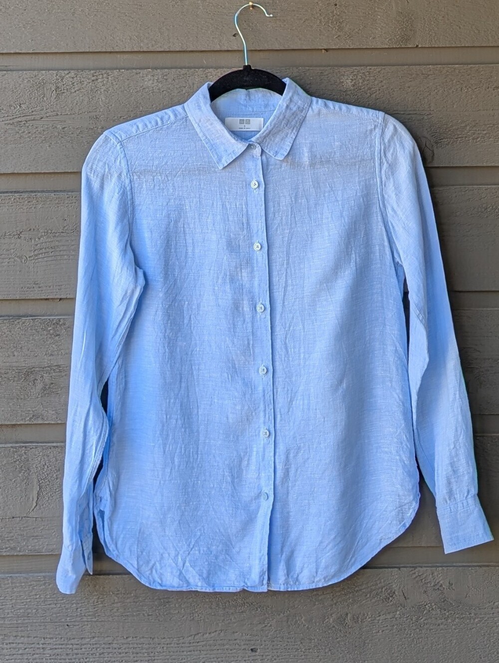 Uniqlo 100% Linen Blue Button Front Long Sleeve Shirt Size Small - Picture 6 of 6